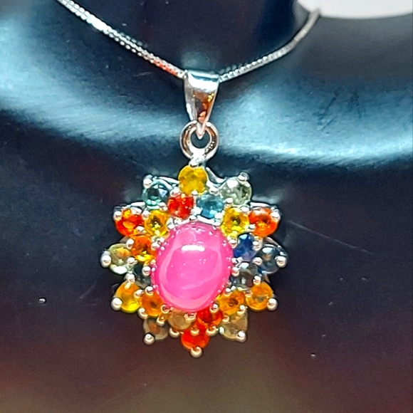 Natural Heated Ruby 10x8mm & Sapphire 925 Sterling Silver Necklace 18" - Picture 2 of 7